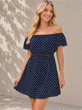 C.CLINE NWT Navy Polka Dot Off Shoulder Dress
